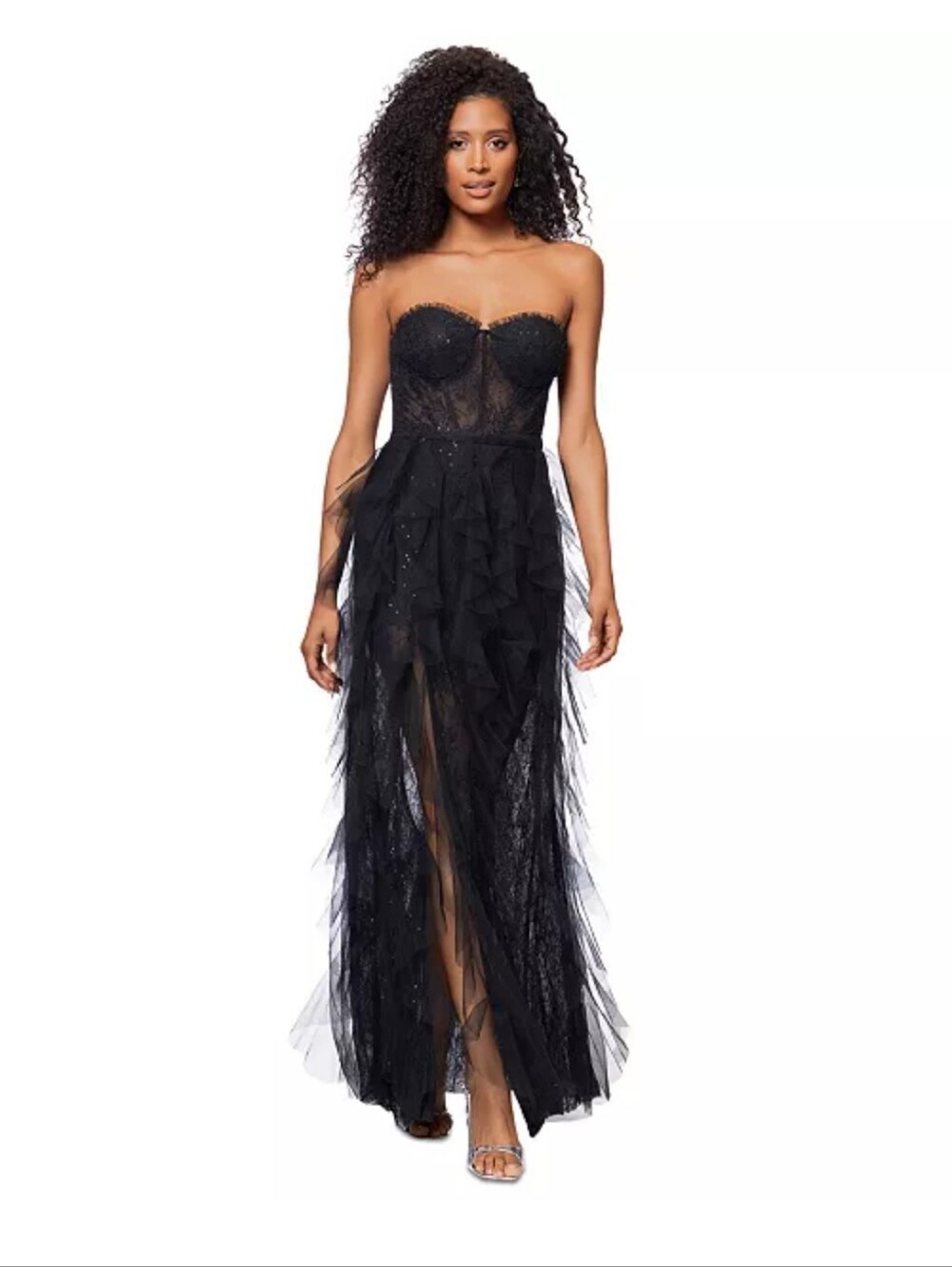 NWT Betsy & Adam Black Sequin Ruffle Tulle Mermaid Gown Formal Dress Size 2 $299